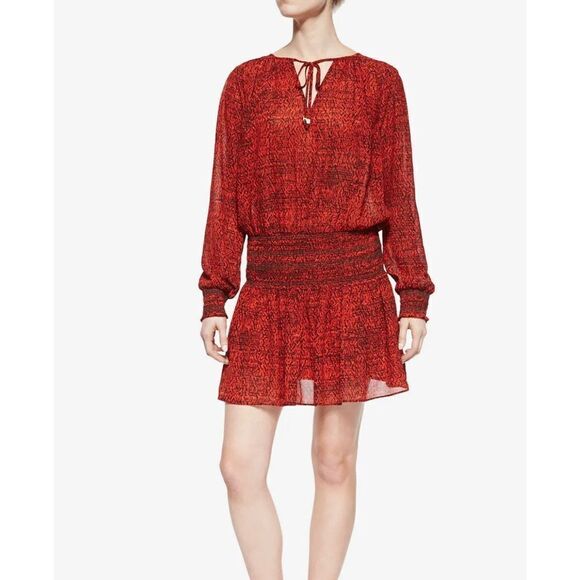 Michael  Michael Kors Sunari Graphic-Print Smocked Dress Red Women's XL Long Sle - Picture 1 of 7